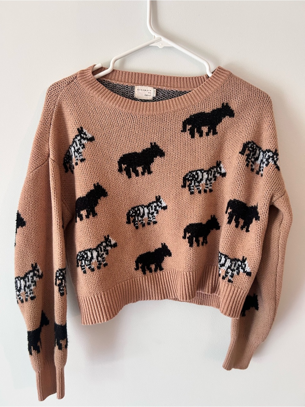 Women's Tan Crewneck Sweater with Black & White Horse Motif